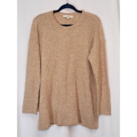 LOFT Size L Wool Blend Long Sleeve Crew Neck Reverse Seam Tunic Sweater Brown - Picture 1 of 10